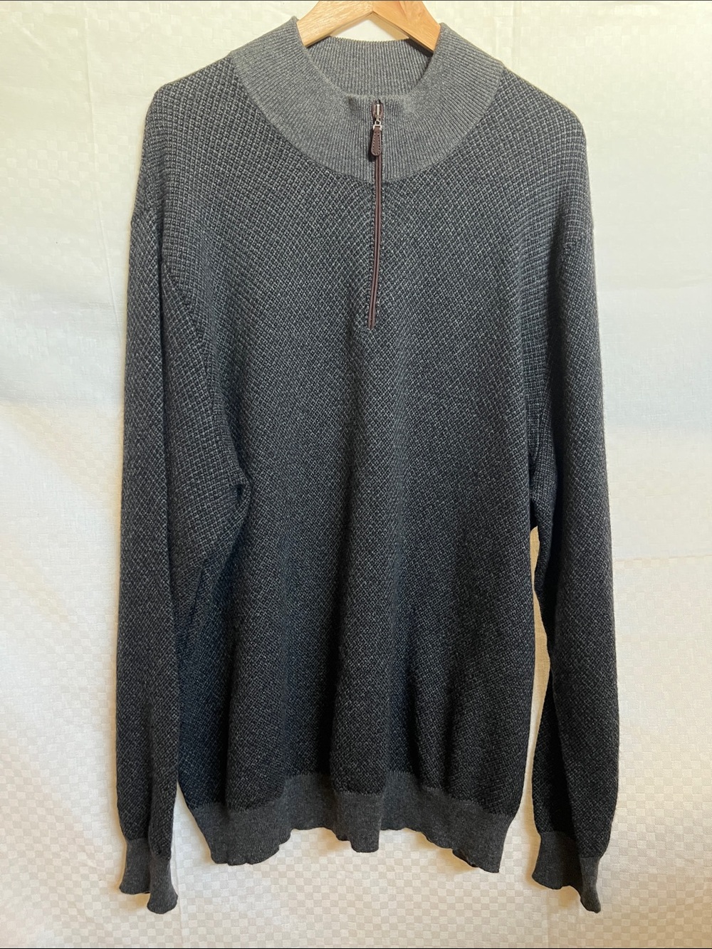 Brookmore 100% Cashmere Black & Gray Zip-Neck Textured Pullover Sweater